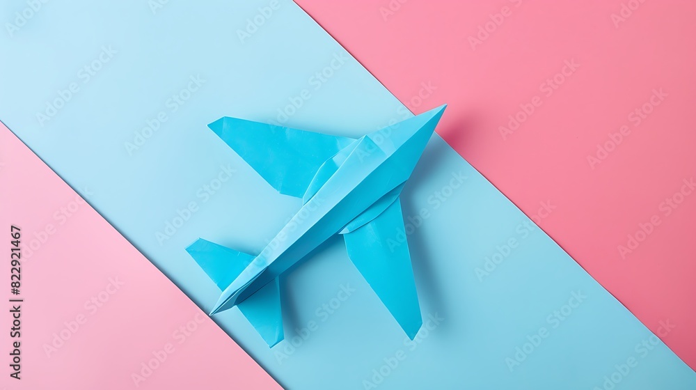 Fototapeta premium Blue airplane of origami on blue and pink background
