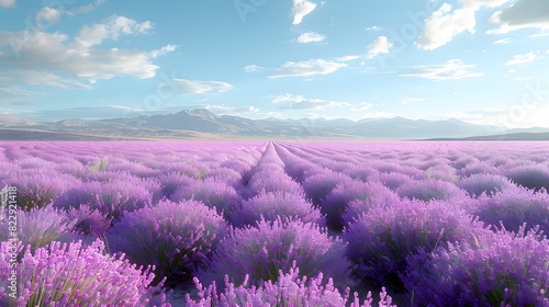 A vast field of blooming lavender flowers stretching towards the horizon under a clear blue sky  creating a serene and picturesque landscape. List of Art Media Photograph inspired by Spring magazine