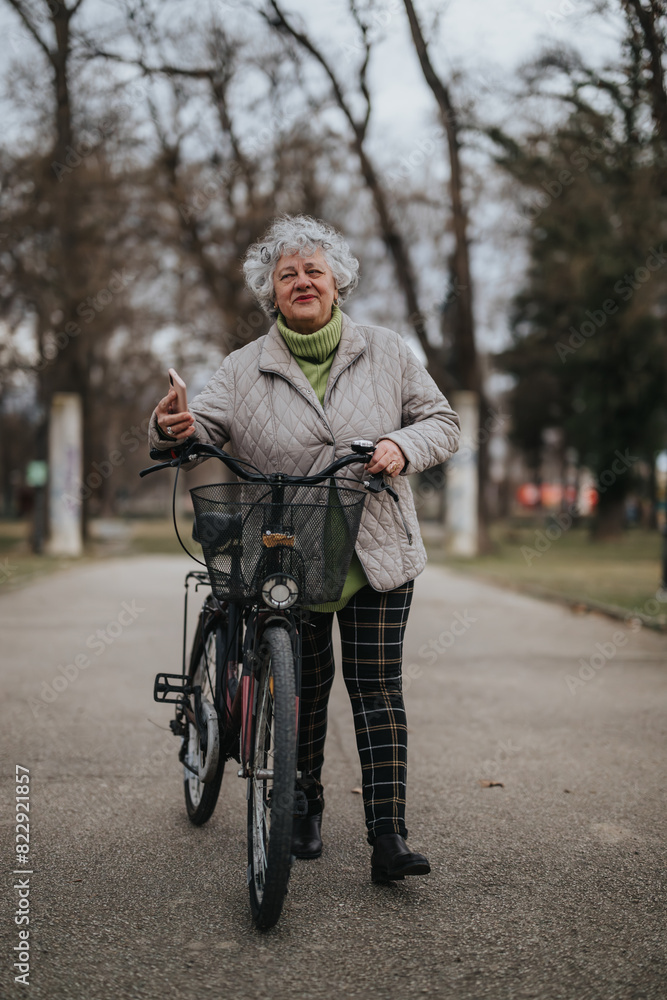 Mature woman with bicycle standing in the park, enjoying nature and an active lifestyle during the fall season.