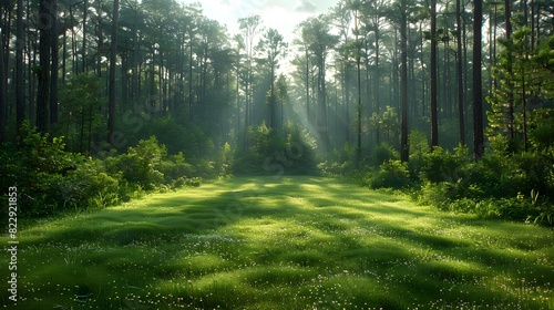 A clearing in a pine forest, with tall trees forming a natural frame around a lush green meadow bathed in sunlight. List of Art Media Photograph inspired by Spring magazine photo