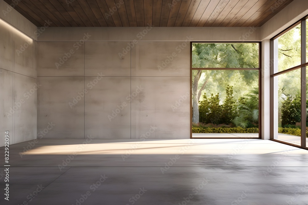 Fototapeta premium Bright and airy modern loft with open access to serene garden landscape