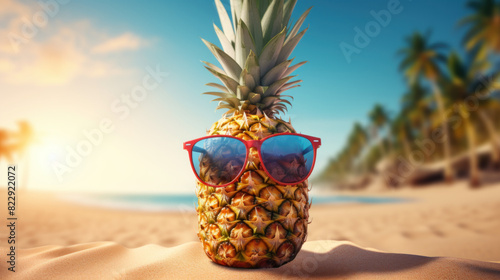 Pineapple wearing sunglasses on a sunny beach with palm trees in the background, capturing the essence of a tropical vacation.