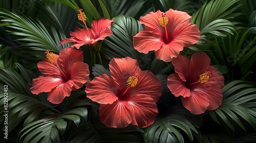 A cluster of red hibiscus flowers with lush green foliage  capturing the essence of a tropical paradise. List of Art Media Photograph inspired by Spring magazine
