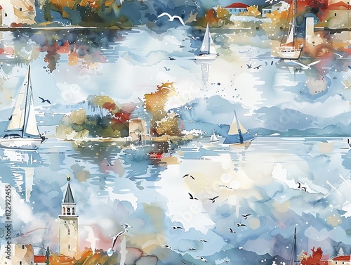 A watercolor painting of a harbor with sailboats and seagulls. The sky is blue and the water is a light blue. The boats are white and the seagulls are gray and white. photo