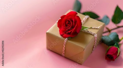 Little heart red rose flower and gift box on pink background