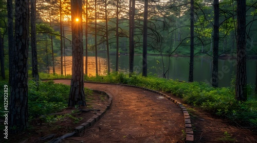 A tranquil pathway winding through a grove of tall pine trees, inviting a peaceful walk in nature with the fresh scent of pine in the air. List of Art Media Photograph inspired by Spring magazine
