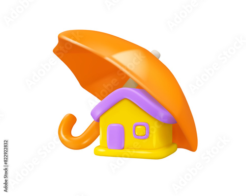 House under umbrella vector 3d icon. Property protection concept. Home insurance illustration, isolated on white background