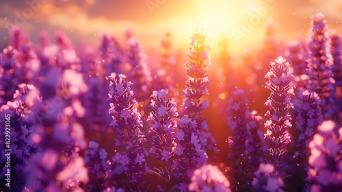 A lavender field at sunset, with the warm golden light of the setting sun casting a beautiful glow over the purple blooms. List of Art Media Photograph inspired by Spring magazine