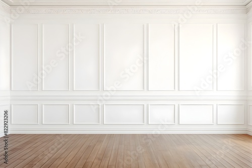 Elegant White Wall Paneling and Wooden Parquet Floor in Empty Room Interior