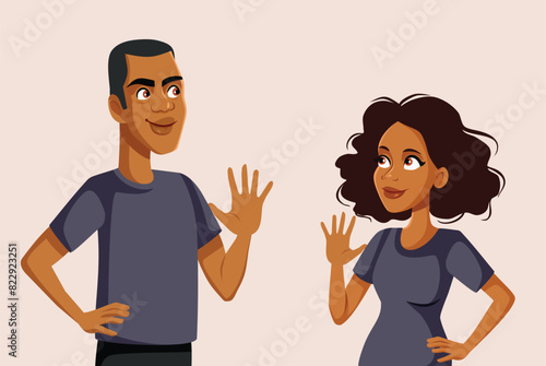 People Saluting Each other Vector Cartoon Characters. Cheerful couple being respectful and socially gracious 
