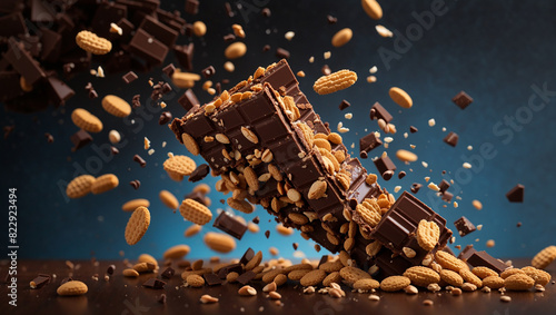 A chocolate bar with peanuts is suspended  photo
