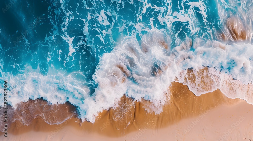 Aerial View of Vibrant Sea Waves and Sand Beach Landscape