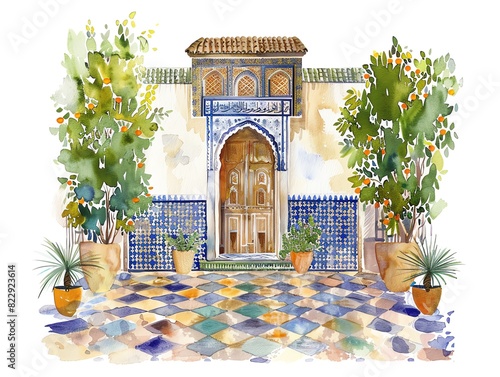 Watercolor painting of a courtyard with a Moroccan style door. There are orange trees in pots, and the floor is tiled with colorful zellige tiles. photo