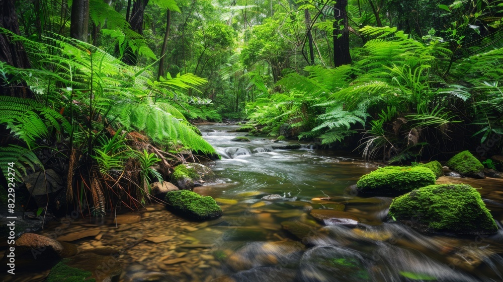 A simple stream in a lush forest, with clear water and vibrant green foliage creating a beautiful and tranquil natural setting. A simple stream in a lush forest, with clear water and vibrant green foliage creating a beautiful and tranquil natural setting.