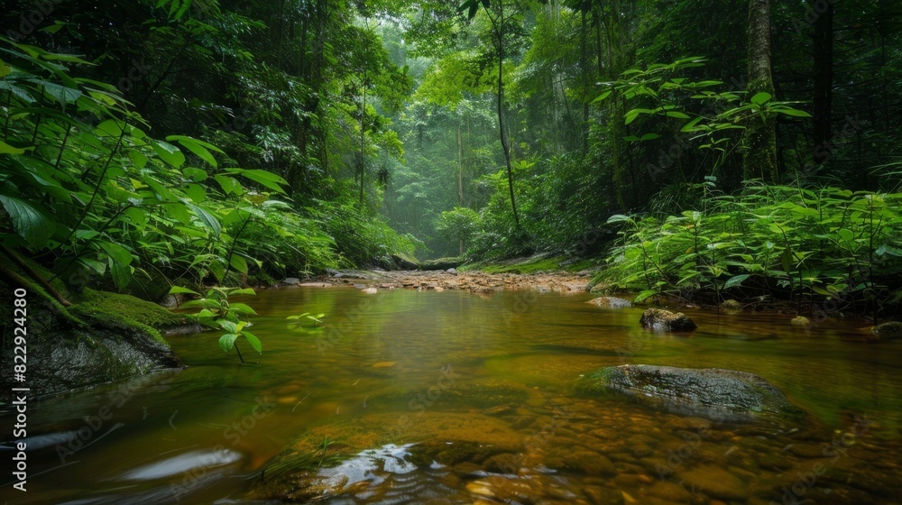 A simple stream in a lush forest, with clear water and vibrant green foliage creating a beautiful and tranquil natural setting.