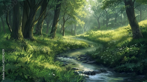 A serene stream winding through a verdant forest, with the beauty of nature captured in its simplest form.