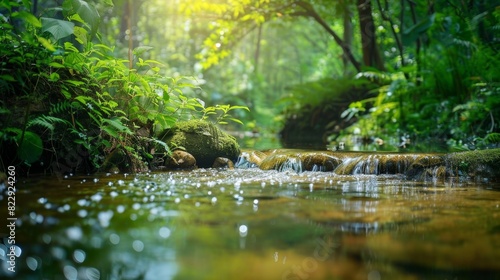 A simple stream in a lush forest, with clear water and vibrant green foliage creating a beautiful and tranquil natural setting.