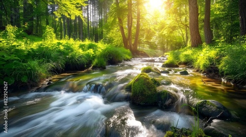 A simple, beautiful stream flowing gently through a forest, with vibrant green foliage and sunlight creating a peaceful natural setting.