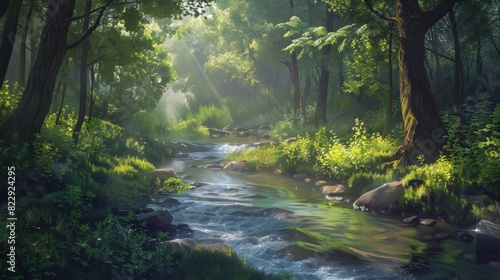 A simple stream in a lush forest  with clear water and vibrant green foliage creating a beautiful and tranquil natural setting.
