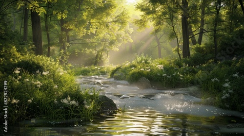 A simple stream in a lush forest, with clear water and vibrant green foliage creating a beautiful and tranquil natural setting.
