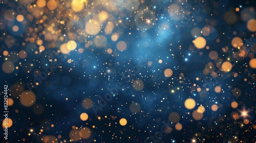 Elegant abstract background featuring dark blue  gold particles  and Christmas light bokeh on a blue-green backdrop with gold foil