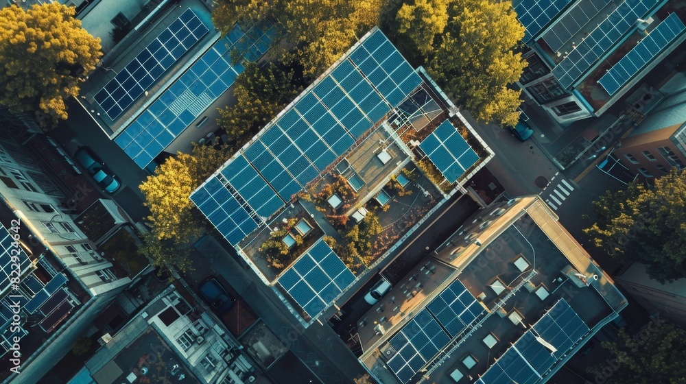 Fototapeta premium Aerial view of European engineers installing solar cells on multiple rooftops