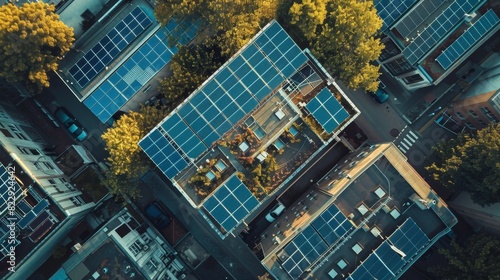 Aerial view of European engineers installing solar cells on multiple rooftops