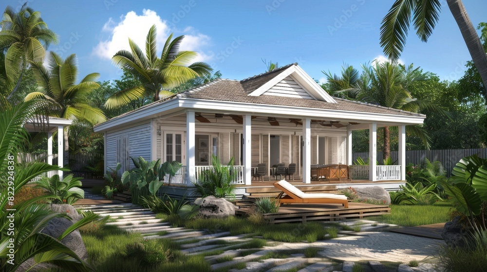 Fototapeta premium Beachside bungalow plan with a breezy open floor plan and ocean breezes