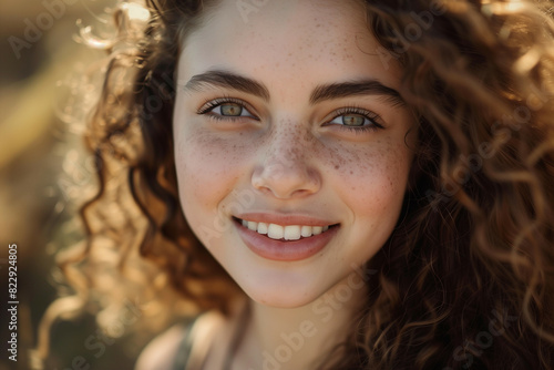 Close-up Portrait of a Young Woman with Curly Hair and Freckles Smiling in Sunlight  Exuding a Radiant and Youthful Energy