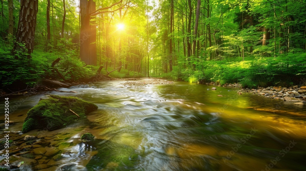Fototapeta premium Calm and clear stream in a peaceful forest, with lush green trees and undergrowth creating a beautiful natural background.