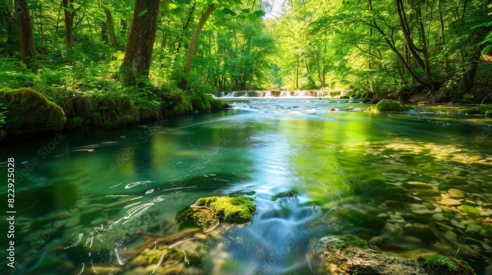 Calm forest stream with crystal-clear water and vibrant green surroundings, creating a serene and beautiful natural backdrop. Calm forest stream with crystal-clear water and vibrant green surroundings, creating a serene and beautiful natural backdrop.