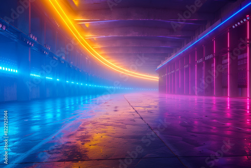 trails on the tunnel, Blue and yellow stadium and neon colorful lights