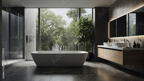 Minimalist Luxury: Modern Bathroom with Freestanding Tub and Marble Finishes. Generative AI