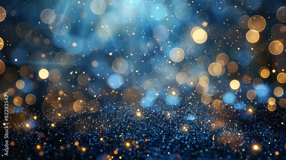 Dark blue and gold foil background with glowing Christmas light particles Dark blue and gold foil background with glowing Christmas light particles
