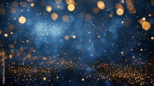 Dark blue and gold foil background with glowing Christmas light particles