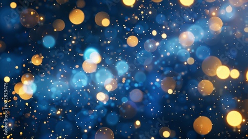 Dark blue and gold foil background with glowing Christmas light particles