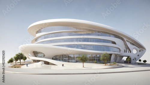 A white model of a modern building with a curved roof and lots of windows.