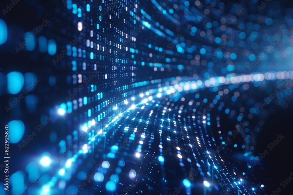 Binary code flowing through a digital tunnel. Blue glowing numbers representing data traveling through a computer system. Futuristic technology concept. Binary code flowing through a digital tunnel. Blue glowing numbers representing data traveling through a computer system. Futuristic technology concept.