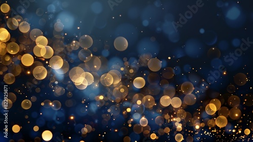 Elegant abstract background featuring dark blue, gold particles, and Christmas light bokeh on a blue-green backdrop with gold foil