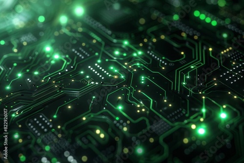 A close-up of a computer circuit board with green glowing lights