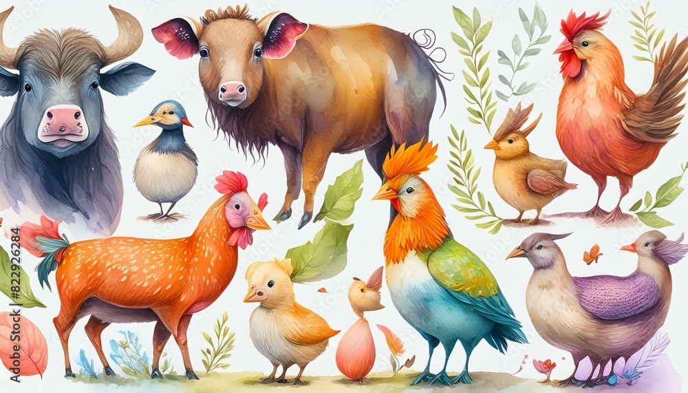 Toiling Animals Watercolor illustrations of domestic animals: pig, chicken, chicken ...