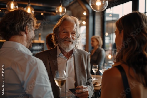 Delighted aged man holding a glass of wine while talking to his friends