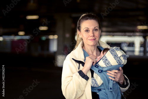 Happy woman looking and smiling to camera while holding and carrying her baby