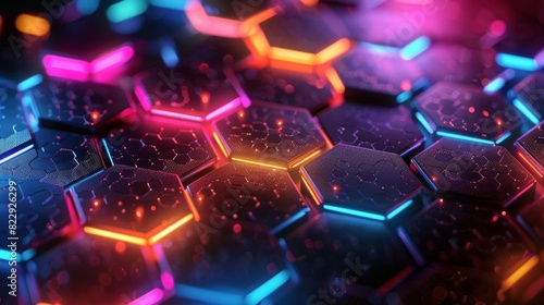 Create a seamless hexagonal pattern with glowing neon lights. The colors should be blue, pink and orange. The hexagons should be slightly beveled and glossy. photo