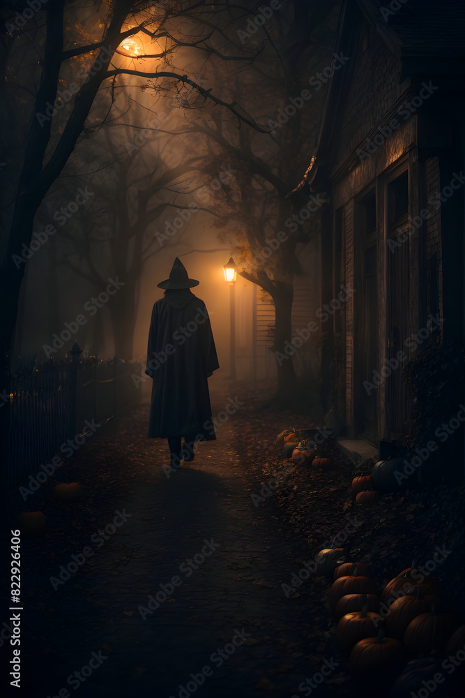 Halloween hauntingly dark and moody black hooded figure, creepy and macabre halloween scary hooded ghost poster with glowing pumpkins Halloween hauntingly dark and moody black hooded figure, creepy and macabre halloween scary hooded ghost poster with glowing pumpkins