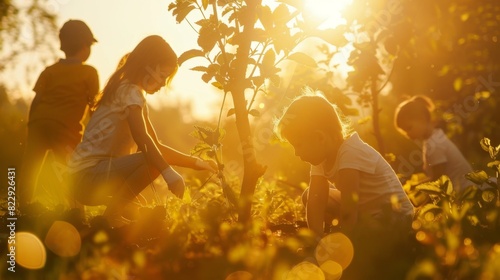 Joyful children and women planting trees in a beautiful, sun-drenched park. The warm tones and bokeh create a dreamy, inspiring atmosphere of environmental care.
