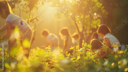 Wallpaper Mural Joyful children and women planting trees in a beautiful, sun-drenched park. The warm tones and bokeh create a dreamy, inspiring atmosphere of environmental care. Torontodigital.ca