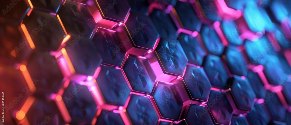 Create a 3D rendering of a futuristic hexagonal structure with glowing pink and blue neon lights Create a 3D rendering of a futuristic hexagonal structure with glowing pink and blue neon lights