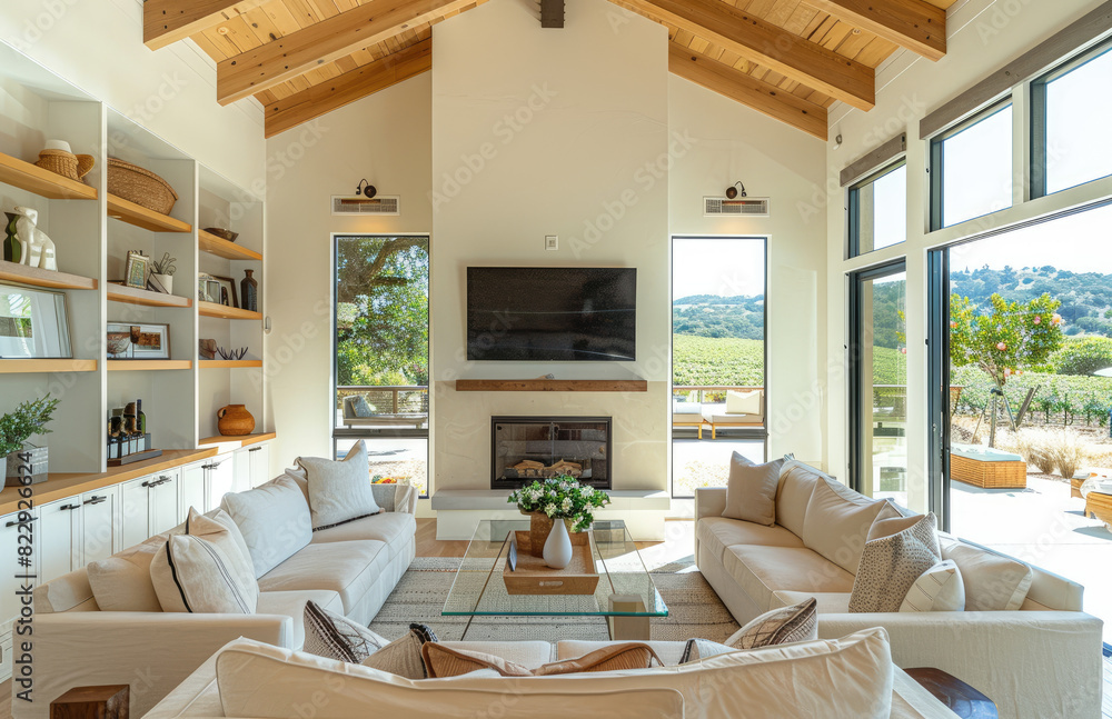 A Beautifully Designed Living Room with Open Views and Plush Seating. Created with Ai