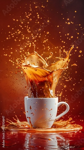 Bursting coffee cup  dynamic coffee splash  illuminated by dramatic side light  matte crimson backdrop  high resolution